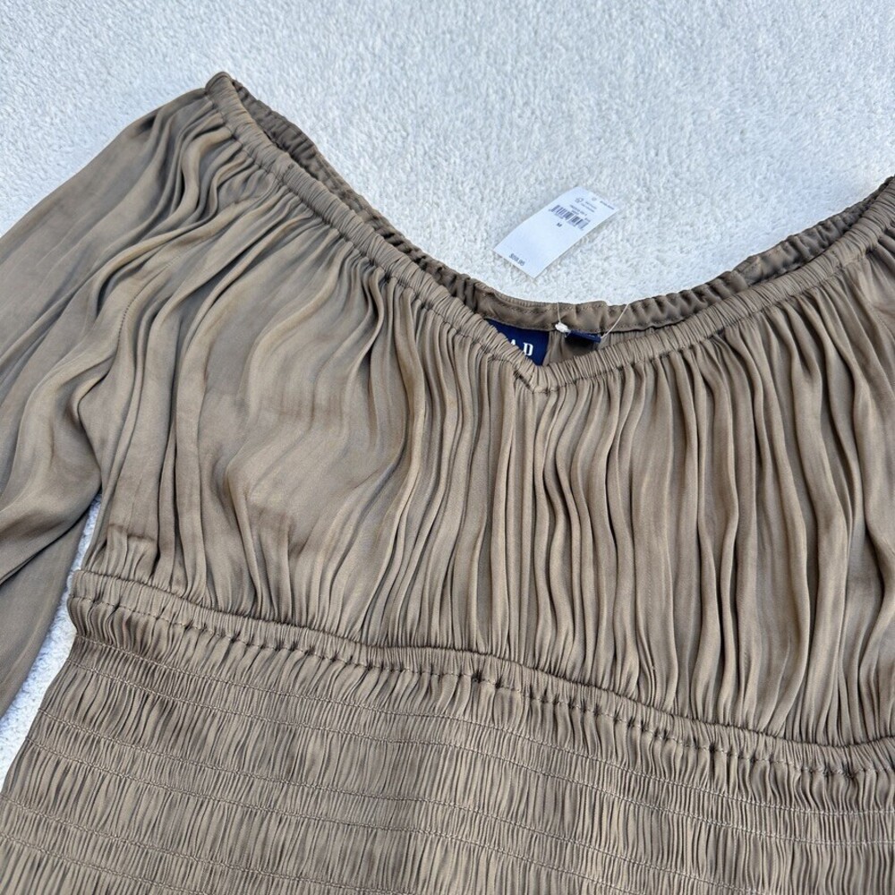 Gap Smocked Off-Shoulder Top Balloon Sleeve Olive Peasant Blouse - M - Picture 2 of 6